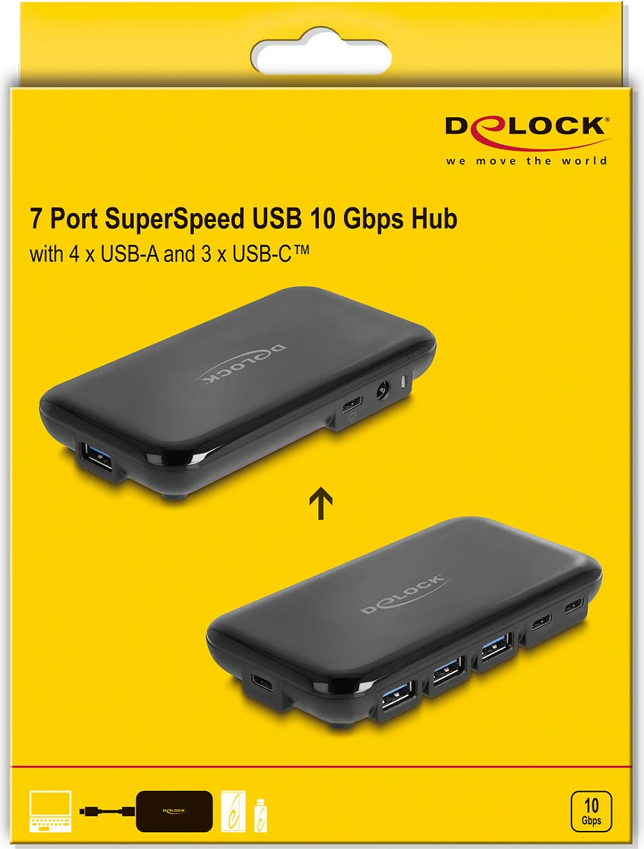 USB hub DeLOCK 7-Port USB 3.2 Gen 2, 4x USB-A + 3x USB-C, 10Gbps, me adapter, i zi