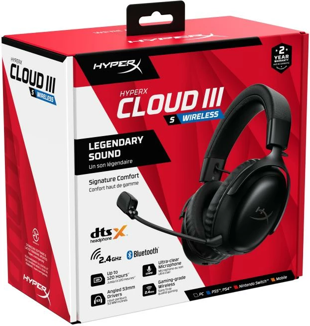 Kufje gaming wireless HyperX Cloud III S (A59YZAA), 2.4 GHz + Bluetooth, DTS Headphone:X, drajvera 53mm, bateri deri 120/200 orë, e zezë