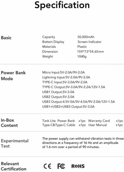 Powerbank VEGER W5001 Tank Lite 50000 mAh 22.5W, e zezë