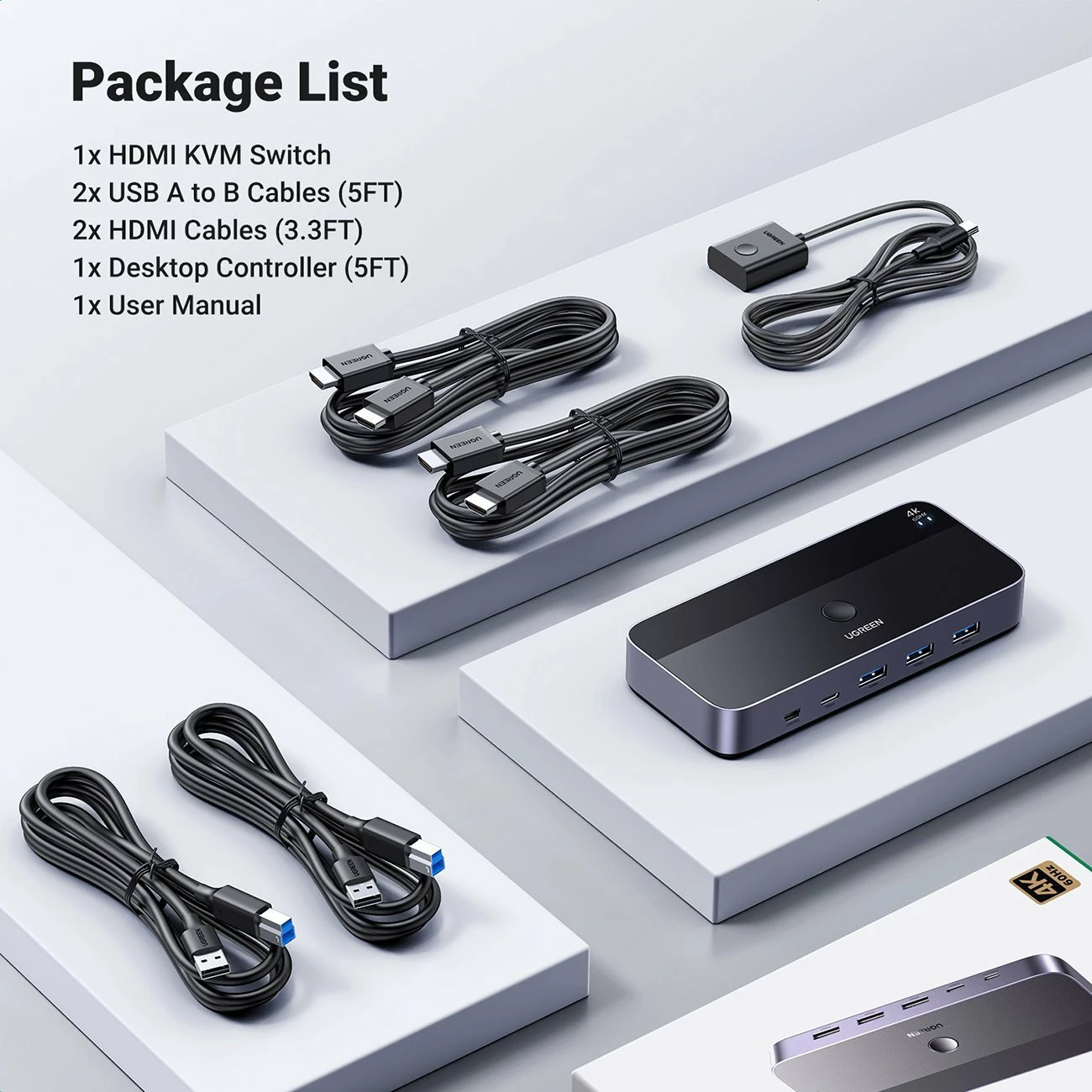 KVM Switch Ugreen CM664, 3xHDMI, USB 3.2 Gen2 5Gbps, 4K@60Hz HDR, me telekomandë, set me kabllo, i zi