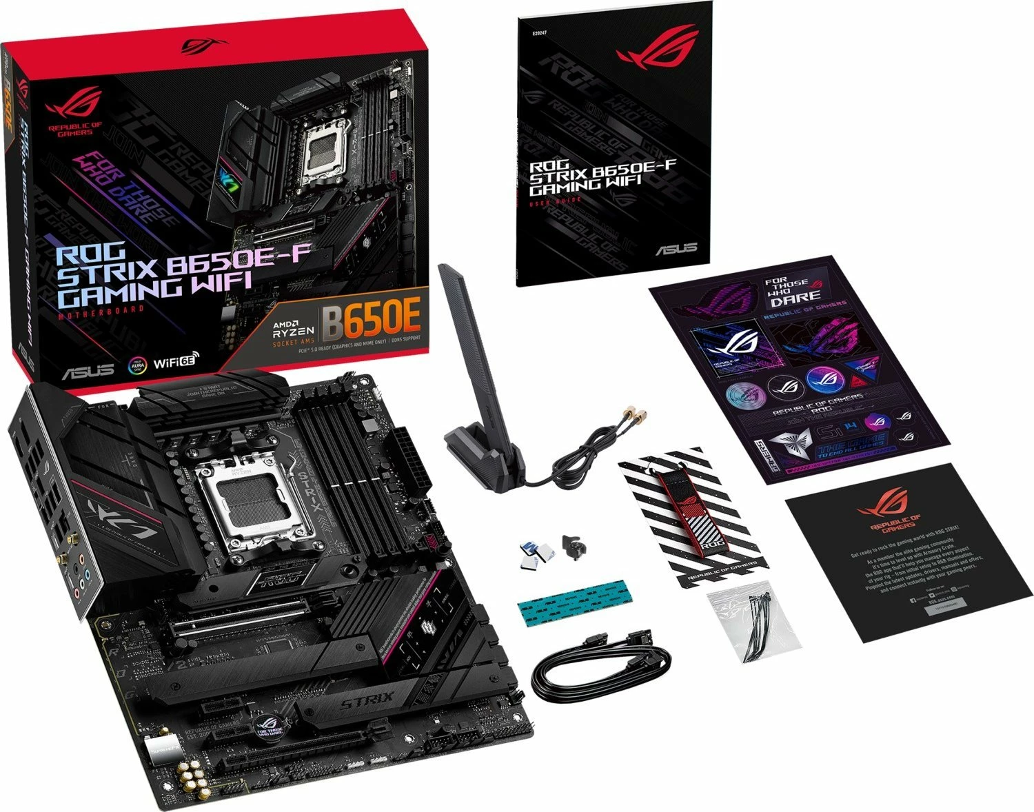 Pllakë amë Asus ROG STRIX B650E-F Gaming WiFi, ATX, DDR5, PCIe 5.0, WiFi 6E, e zezë, set me antenë WiFi dhe 2x kabllo SATA