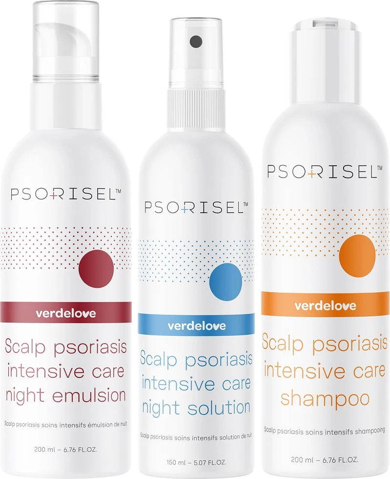 Set për kokë (shampon, emulsion, lëng) Psorisel për psoriazë, 200ml + 200ml + 150ml