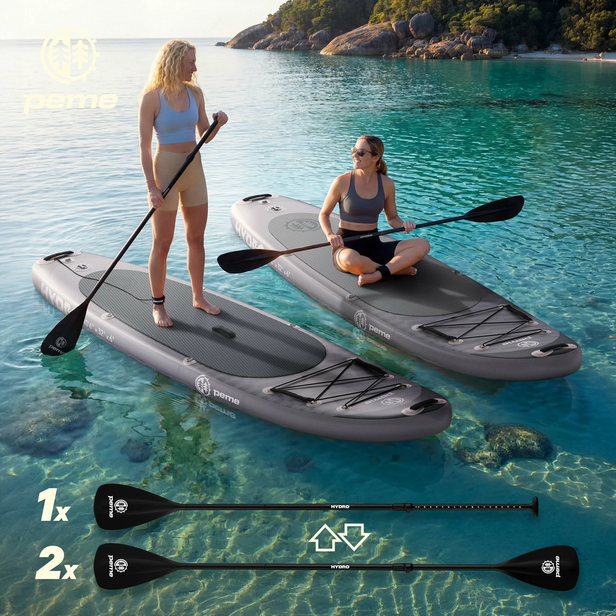 Dërrasë SUP me fryrje Peme Hydro 350x81x15 cm, kapacitet 166 kg, set aksesorësh, gri