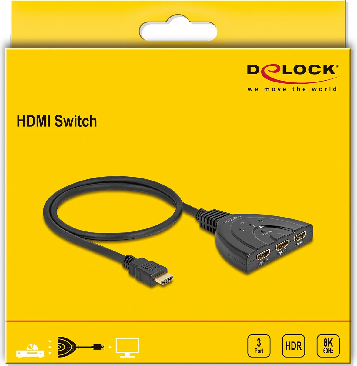 Switch HDMI DeLOCK 3x HDMI In në 1x HDMI Out, 8K 60Hz, kabllo 60cm, i zi