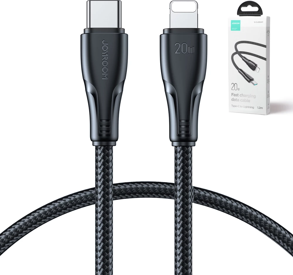 Kabllo USB-C në Lightning, Joyroom, Surpass Series A11 S-CL020A11B, 1.2 m, 20 W, USB 2.0 480 Mbps, gërshet najloni, e zezë