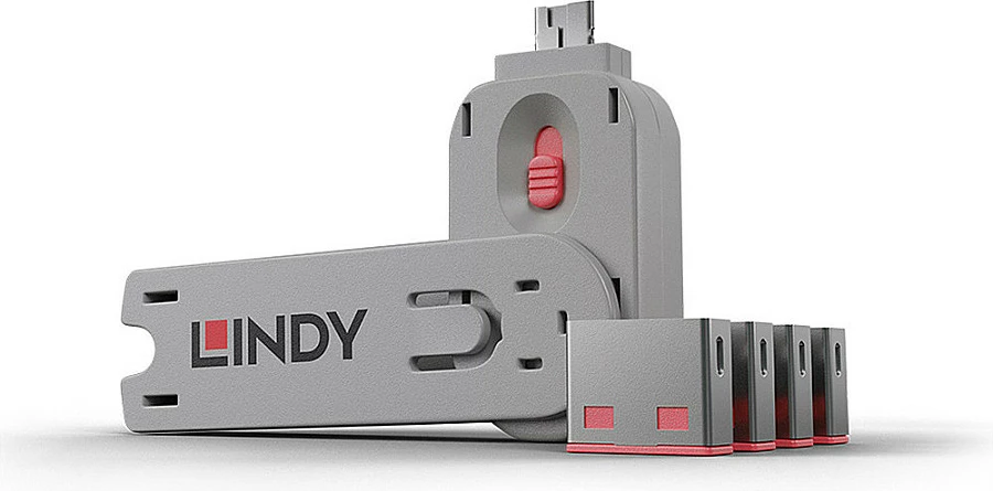 Bllokues porte USB-A LINDY, set 4 bllokues + 1 çelës, kod ngjyre rozë