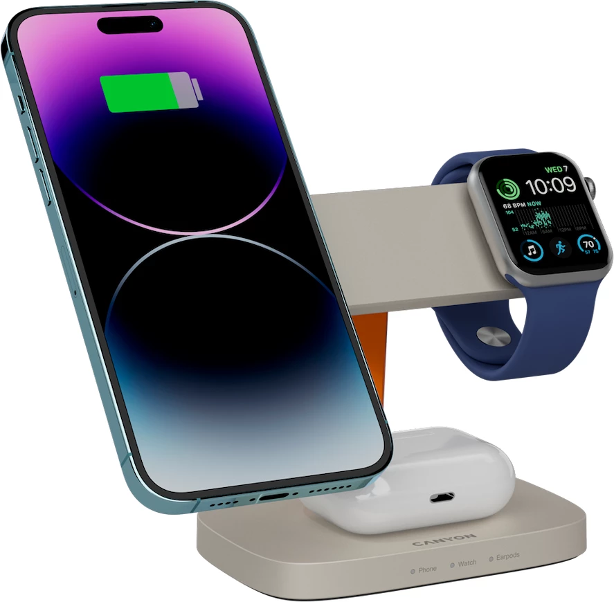 Stacion karikimi wireless CANYON Hexagon WCS-310 3n1 15W, adaptor PD 20W, USB-C, gri e çelët/portokalli