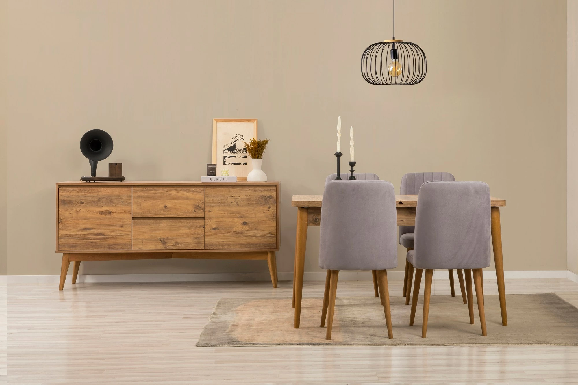 Set tavolinë me karrige dhe konsolë, zgjatues, 6 pjesë, Skye Decor, Vina 01 0701, ngjyrë pishë atlantike, gri