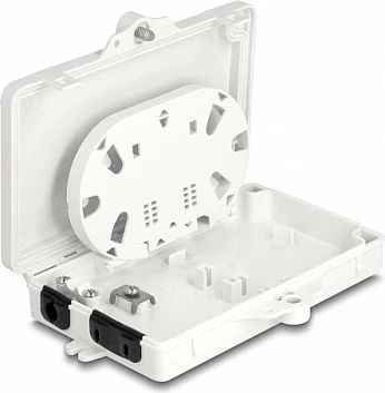 Kuti shpërndarëse fibër optike DeLOCK, IP65, me kyç, 2 porta, montim në mur, e bardhë