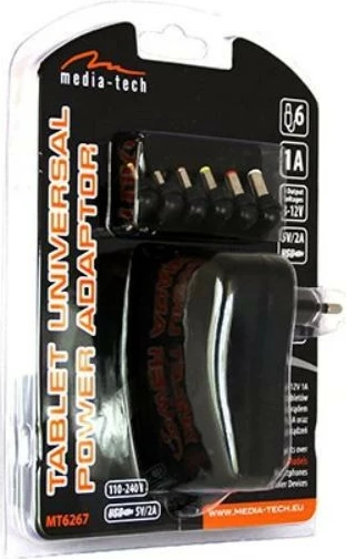 Karikues universal Media-Tech MT6267 V2 për tabletë, 12V, 1A, i zi me 6 konektorë