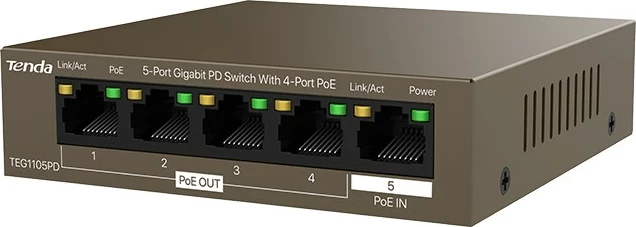 Switch Tenda TEG1105PD, 5 porta Gigabit, PoE, Metal, Bronzi
