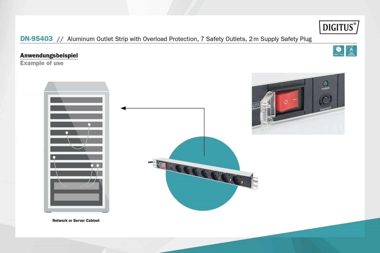 Prizë rack Digitus DN-95403, 7x Schuko, 1U, 2m, me mbrojtje nga mbingarkesa, e zezë/argjend