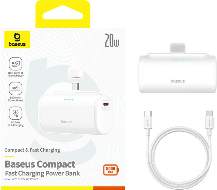 Powerbank Baseus Compact 5000mAh 20W USB-C bardhë
