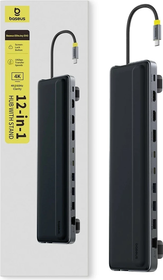 Doking stacion Baseus EliteJoy EH3, 12në1, USB-C, 2xHDMI 4K@60Hz, DP 4K@60Hz, 2xUSB-C 10Gb/s, 2xUSB-A 5Gb/s, USB-A 480Mb/s, SD/microSD 3.0, RJ45 1Gb, USB-C PD, hiri