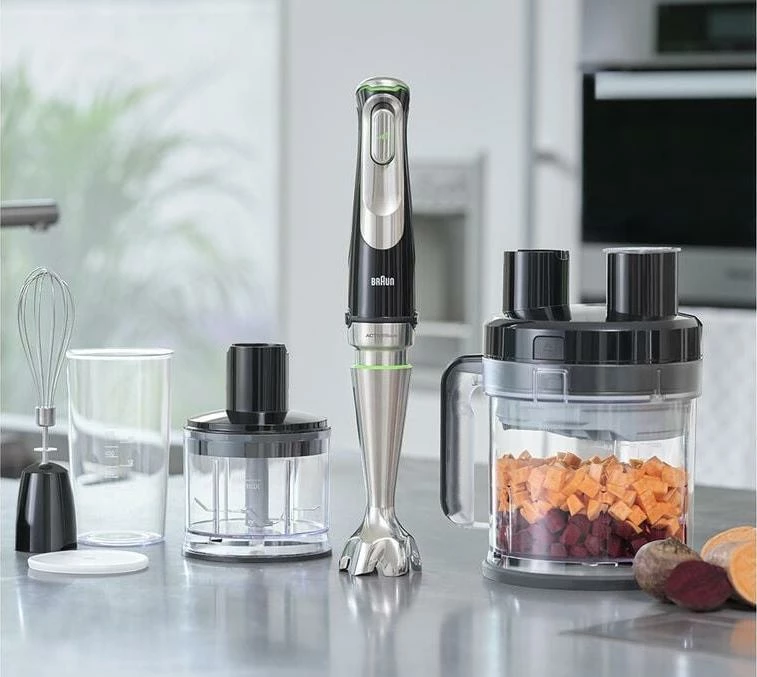 Blender dore Braun MQ9195XLI 1200 W me procesor ushqimi, grirës, rrahëse dhe gota, Inox/zi