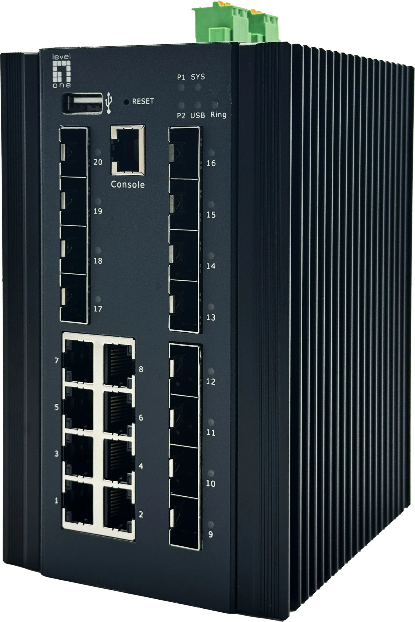 Switch industrial LevelOne IGX-2072, 20 porta, L2+ managed, 8x RJ45, 8x SFP, 4x SFP+, DIN-rail, i zi