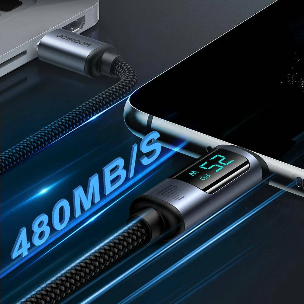 Kabllo USB-C–USB-C Joyroom S-CC100A16 100W 1.2 m me ekran LED, e zezë