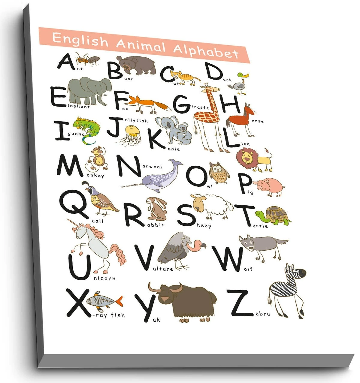 Pikturë dekorative në kanavacë, alfabeti i kafshëve në anglisht, 45x70cm