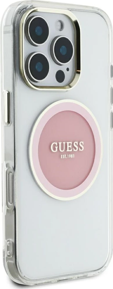 Mbështjellës Guess IML Metal Colored Circle Classic Logo MagSafe për iPhone 16 Pro Max, rozë