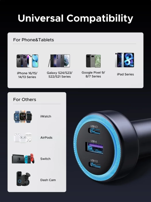 Karikues makine UGREEN 45843 30W, 3 porta (2x USB-C + 1x USB-A), LED blu, gri e errët