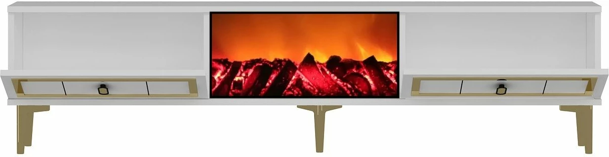 Komodë TV Skye Decor, me oxhak Orion, e bardhë dhe e artë