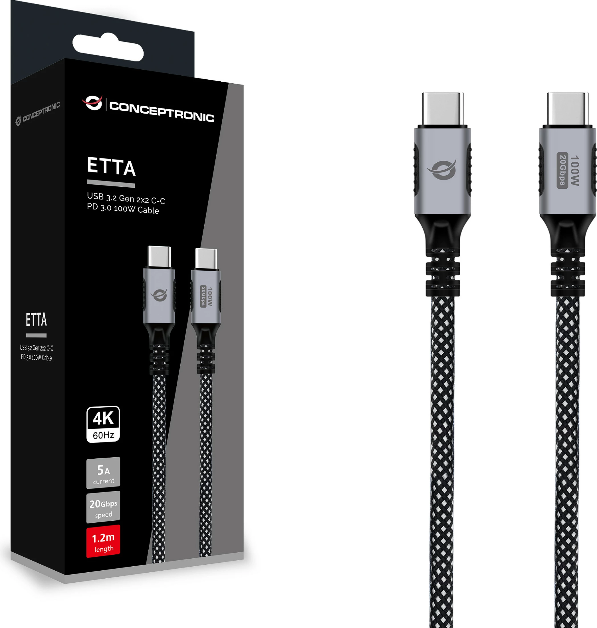 Kabllo USB-C Conceptronic ETTA07B12, USB 3.2 Gen 2x2, PD 100W, 1.2m, 20Gbps, 4K@60Hz, e zezë