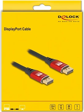 Kabllo DisplayPort DeLOCK 1.4, 5 m, 8K@60Hz, 32.4 Gbps, kuqe/zezë