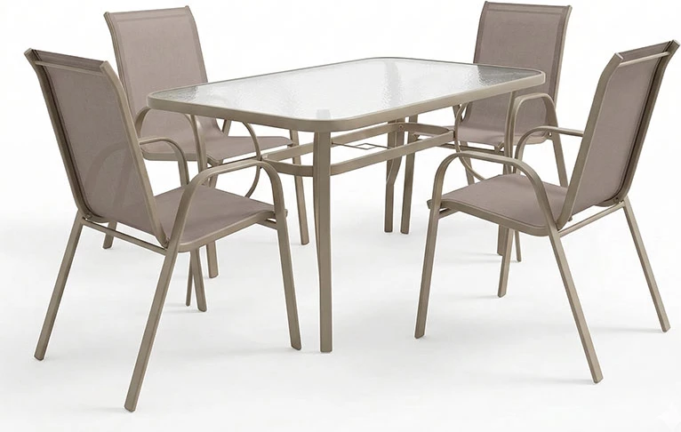 Tavolinë me karrige Ensure-Calan, metal-xham, ngjyrë shampanjë, 140x80x70cm