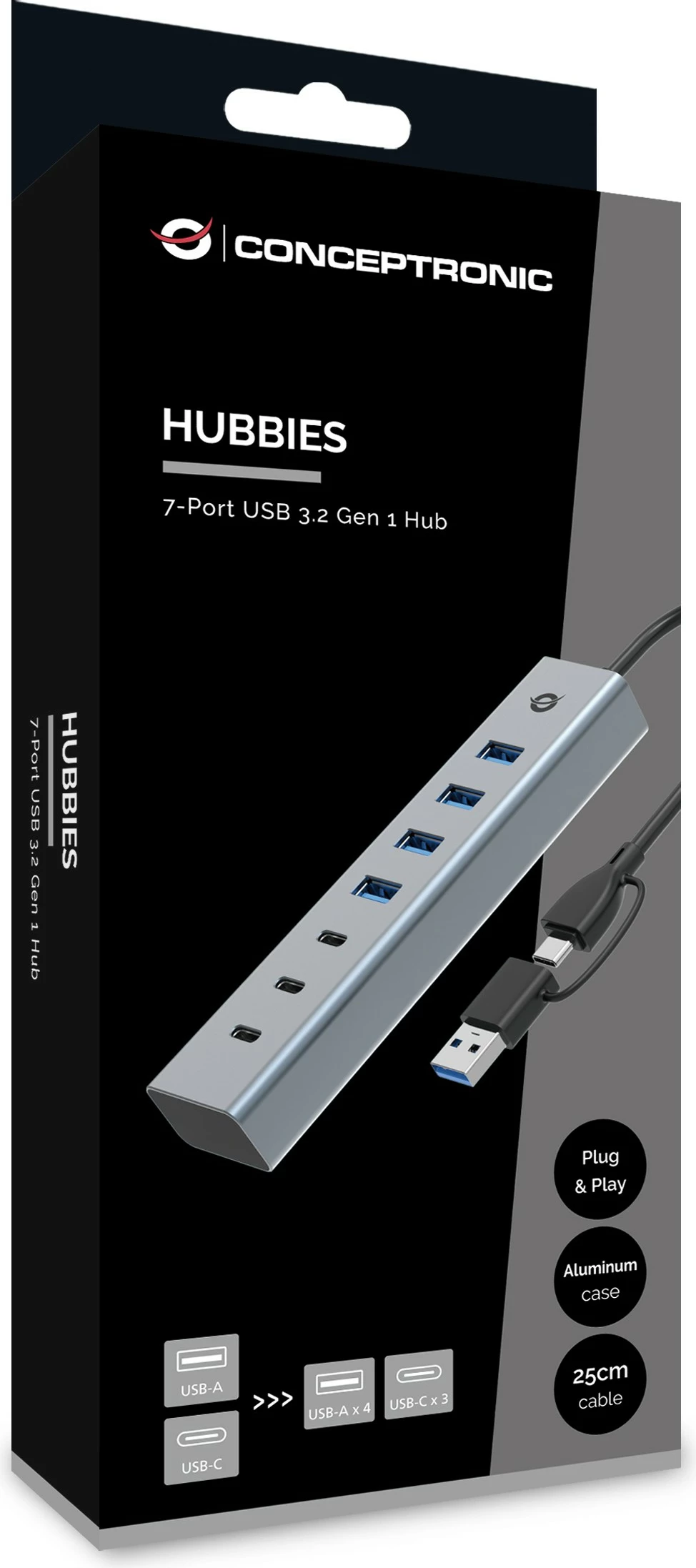 USB hub Conceptronic 7 porta, USB-A 3.0/USB-C, gri