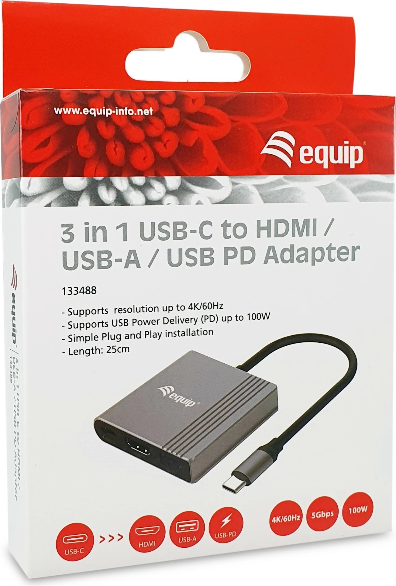Adapter 3-n-1 USB-C në HDMI/USB-A/USB PD Equip, 3840x2160, i zi/gri