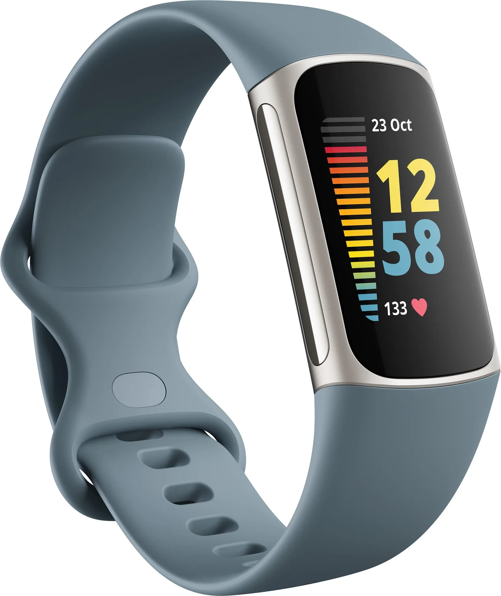 Smartwatch Fitbit Charge 5 FB421SRBU me GPS, NFC, SpO2, rezistent në ujë 50m, bateri deri 7 ditë, Platinum/Mineral Blue
