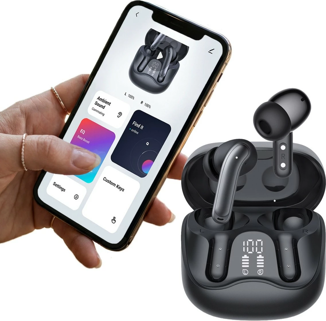 Kufje wireless Audiocore AC591 PRO me ANC/ENC, 6 mikrofona, Bluetooth 5.4, kuti karikimi USB‑C, e zezë