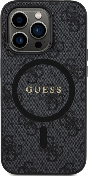 Mbështjellës Guess 4G Collection Leather Metal Logo MagSafe për iPhone 14 Pro Max, e zezë