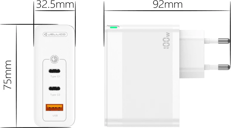 Adapter karikimi shtëpie Jellico C118 100W GaN, 2x USB-C + 1x USB-A, me kabllo USB-C në USB-C, i bardhë (EU blister)
