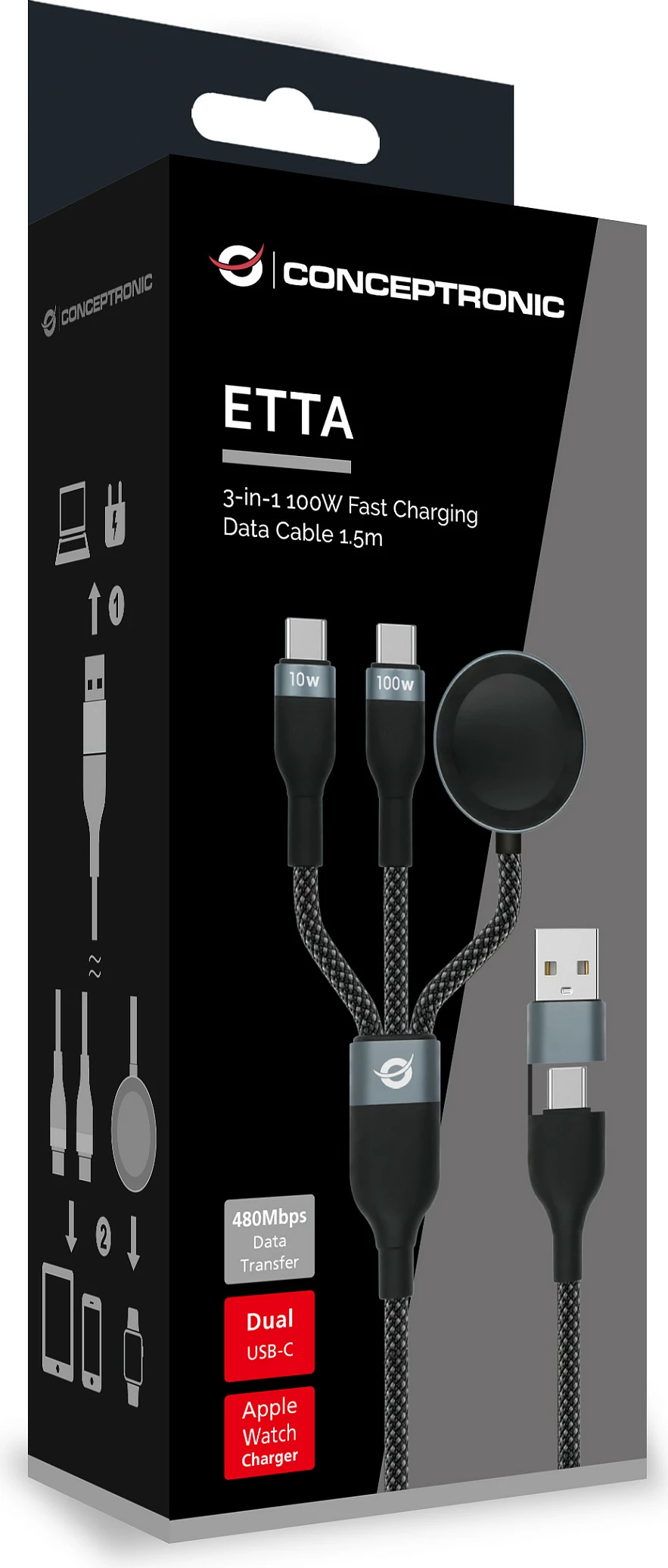 Kabllo karikimi dhe të dhënash Conceptronic ETTA08B15 3-në-1, 100W PD, 1.5m, USB-A në 2x USB-C + karikues Apple Watch, e zezë