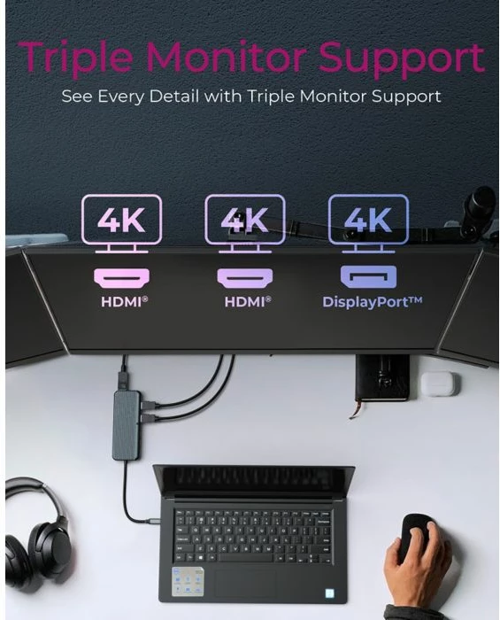 Stacion dokimi USB-C ICYBOX IB-DK4060-CPD, 12-në-1, triple video (2x HDMI + DP), deri 8K@30Hz, 10Gbps, PD 100W, LAN Gigabit, lexues SD/microSD, anthracite