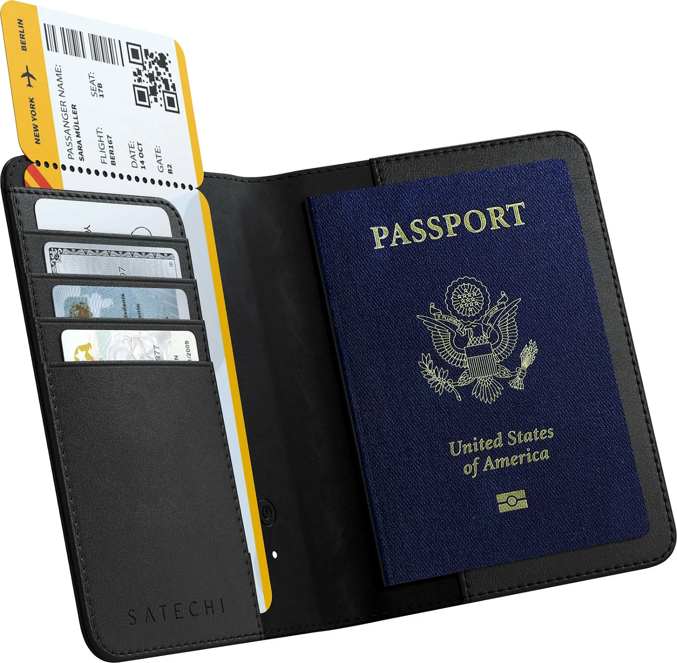Kuletë pasaporte Satechi Vegan-Leather me Find My, e zezë