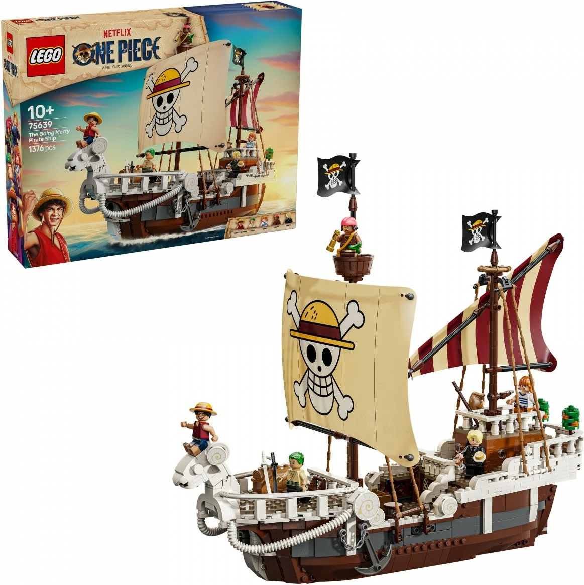 Set ndërtimi, LEGO, 75639 One Piece Going Merry, 1376 pjesë 10+, ekstra i madh, me 5 minifigura