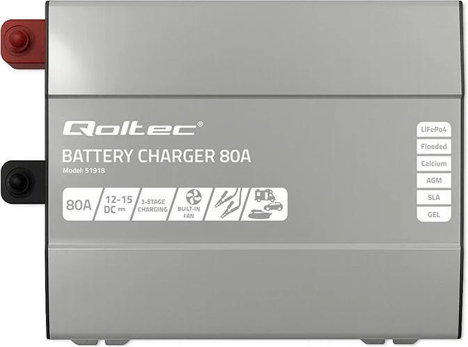 Karikues inteligjent akumulatori Qoltec Monolith 51918, 12V, 80A, për LiFePO4/AGM/GEL/SLA, zi/gri, set me kabllo