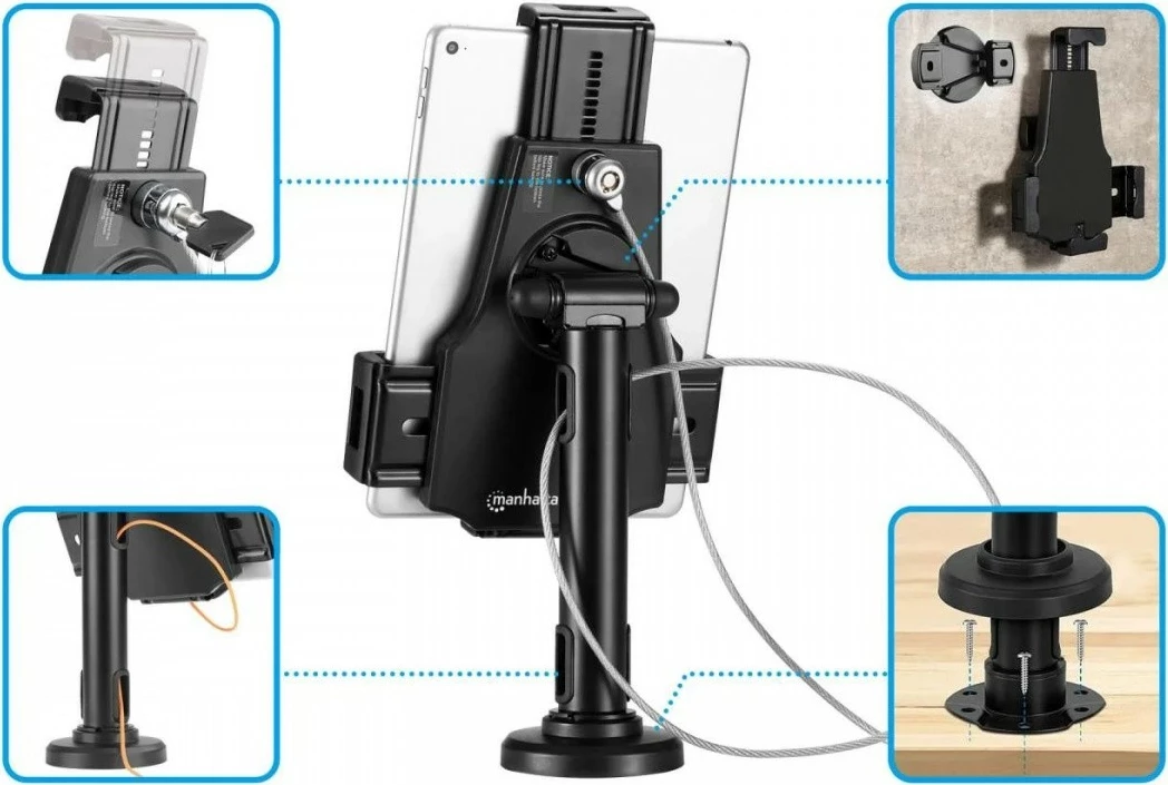 Mbajtës tablet, Manhattan 462112, 7.9-10.5 inch, me kyç dhe litar sigurie, tavolinë/mur, i zi