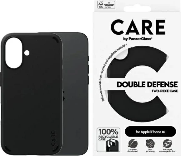 Mbështjellës PanzerGlass CARE Double Defense për iPhone 16, i zi