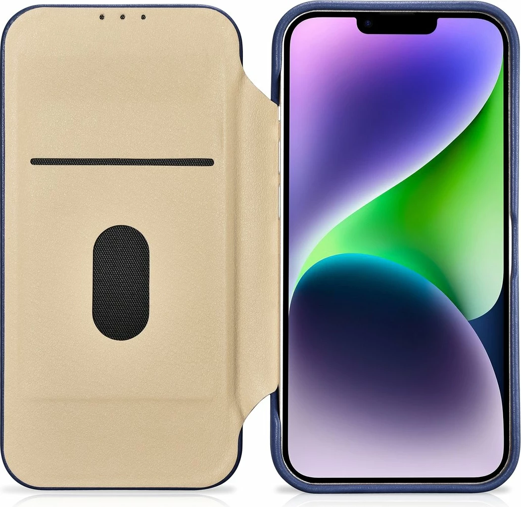 Mbështjellës iCarer CE Premium lëkurë, për iPhone 14 Plus, MagSafe, Kaltër