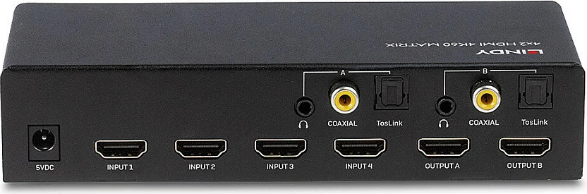 Switch matricë HDMI Lindy 4x2 4K60, HDMI 2.0 18Gbps, HDCP 2.2, e zezë