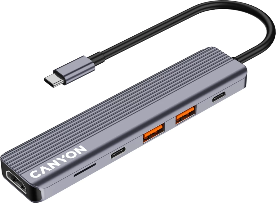 Hub USB-C CANYON DS-17 6n1 4K me Power Delivery, gri