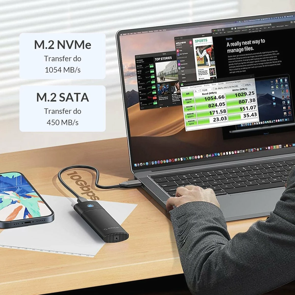 Kasë eksterne për SSD M.2 Orico PWDM2-G2-BK-EP, USB-C 3.2 Gen 2 10Gbps, NVMe/SATA, e zezë