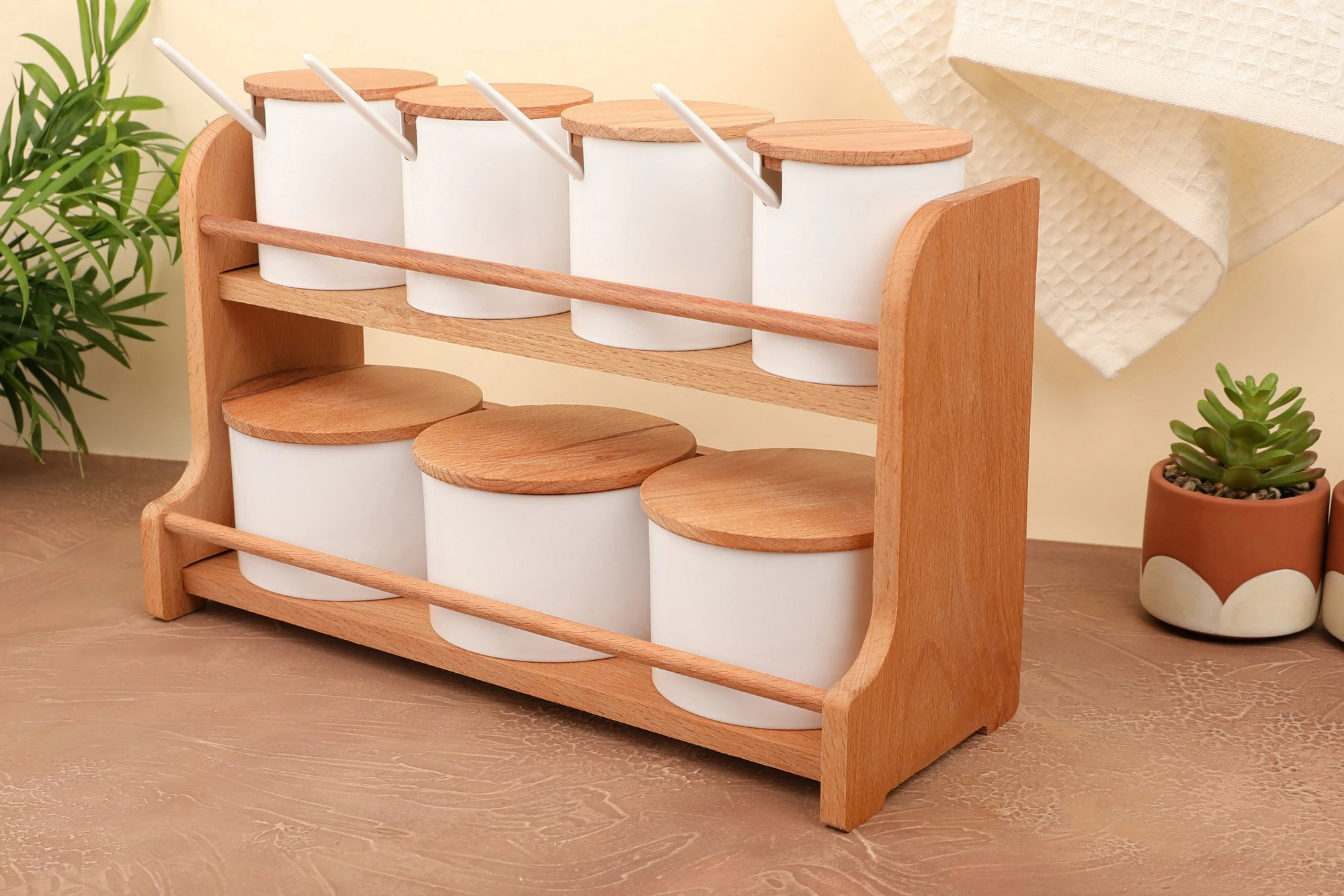 Set kavanozash për erëza me raft kuzhine, ngjyrë druri dhe e bardhë, Hermia Concept, 660