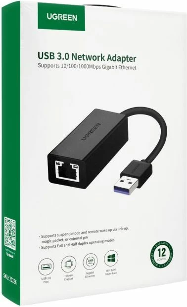Kartelë rrjeti USB 3.0 Gigabit Ethernet UGREEN 20256, e zezë, me kuti