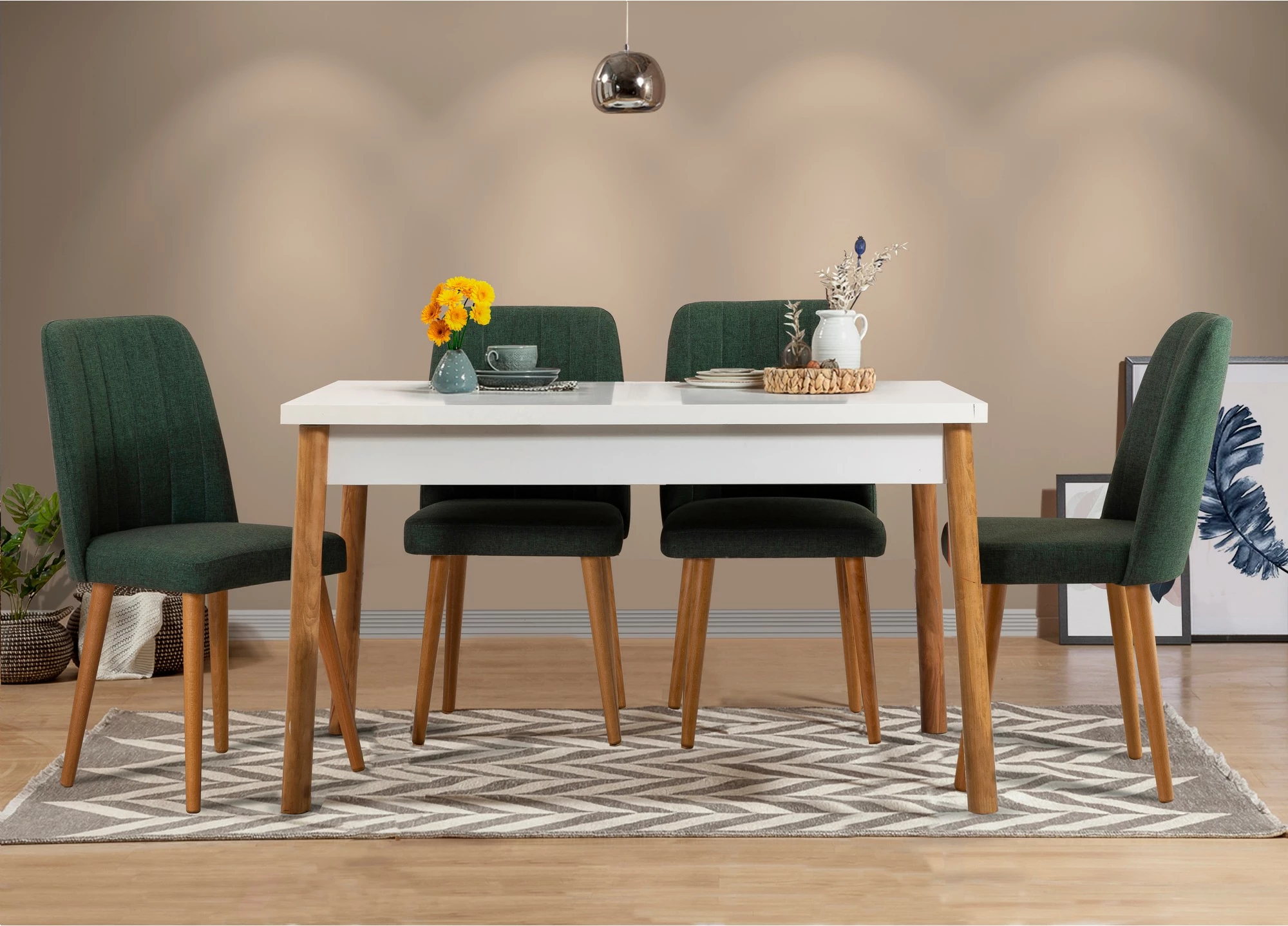 Tavolinë me karrige, set 5 pjesësh, Skye Decor, ngjyrë pishë Atlantike, e bardhë, e gjelbër