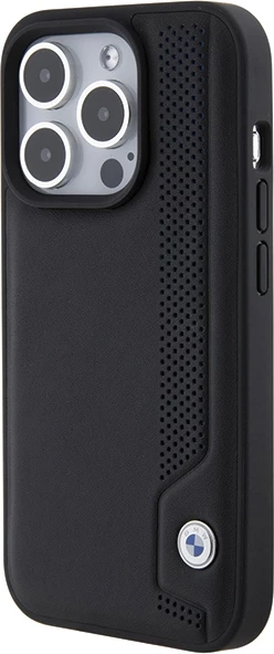 Mbështjellës BMW Leather Blue Dots për iPhone 15 Pro Max, i zi