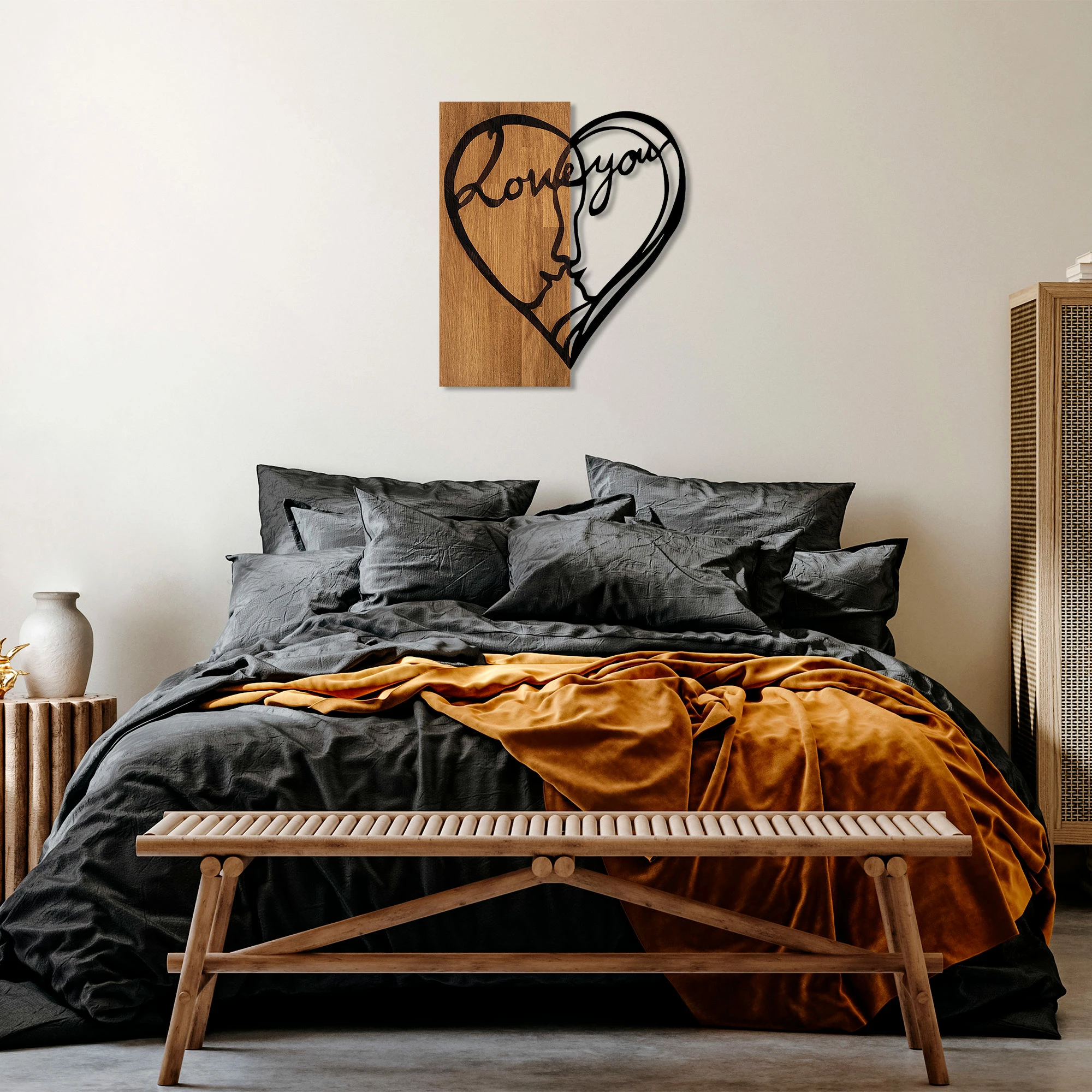 Aksesor dekorativ për mur, dru dhe metal, Wallity, I Love You, ngjyrë arre dhe e zezë, 54x58cm
